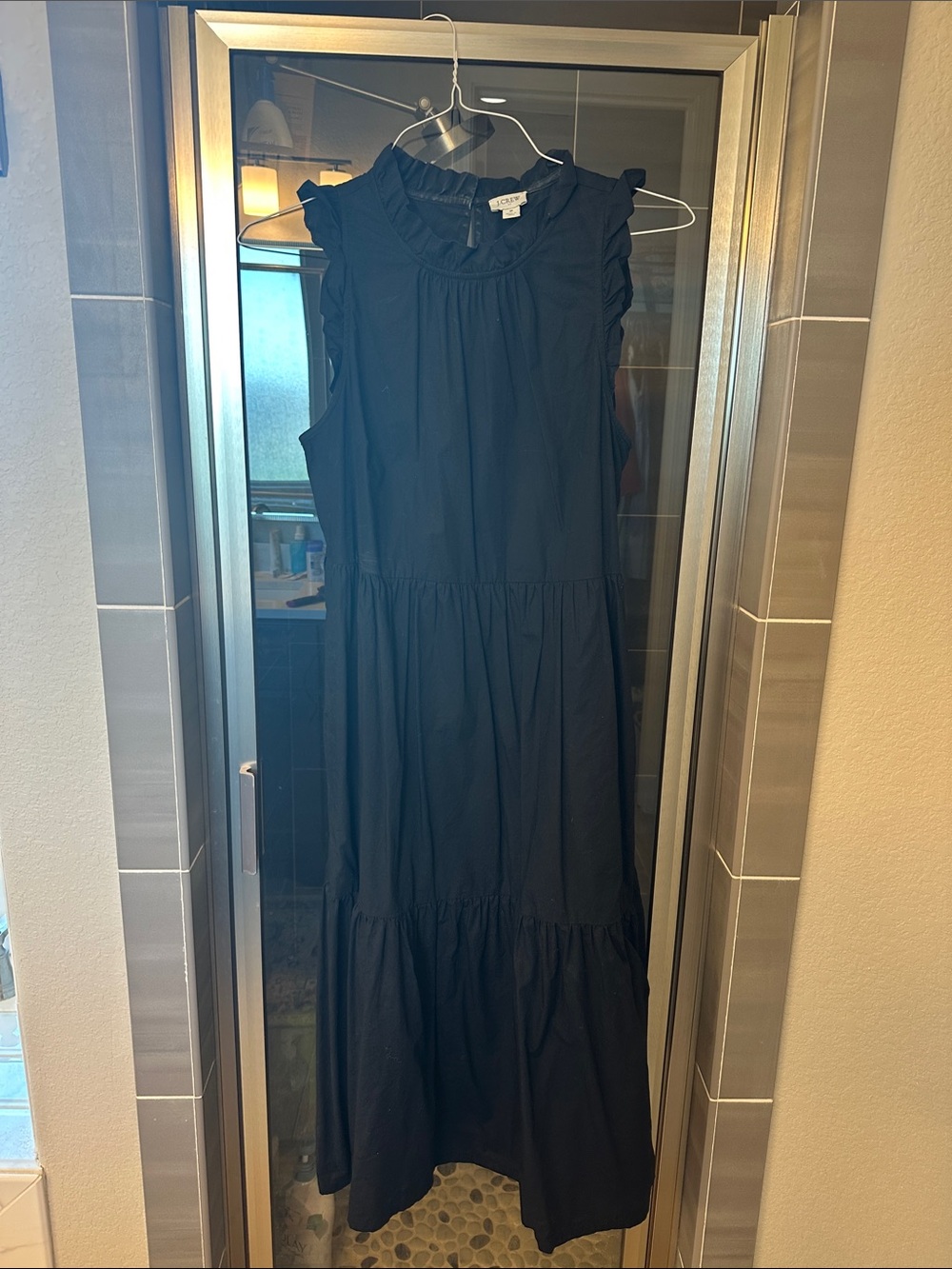 J. Crew Black Sleeveless Ruffle Neck Midi Dress